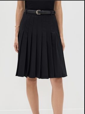 Self-Portrait Black Pleated Twill Midi Skirt Size 4 A-Line Designer